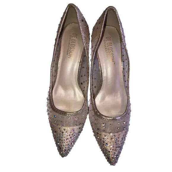Kitten Heel Crystal Studded Pumps Size 8 Mesh Hurley Davids Bridal Nude Wedding - Picture 2 of 8